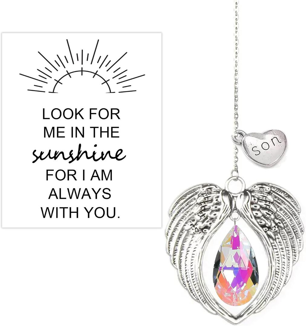 Sympathy Gifts for Loss of Son, Memorial Crystal Angel Wing Suncatcher with Son Heart Charm, Rainbow Prism Pendant, Sympathy Bereavement Gift