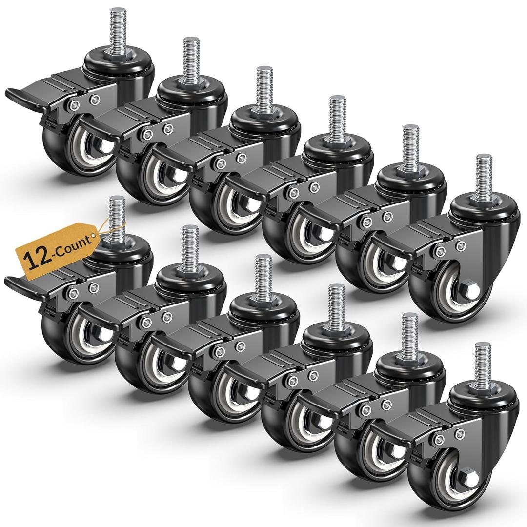 HOLKIE Caster Wheels with No Brake Casters Set of 4, Threaded Stem 3/8" -16 x 1 (Diameter 3/8", Length 1") Swivel Set of 4 Heavy Duty Castors Black (with Brake-12 Pack, 2inch)