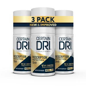 Certain Dri Prescription Strength Clinical Antiperspirant Roll-On for Hyperhidrosis, 72-Hour Sweat Protection, Fragrance-Free, Doctor-Recommended for Men & Women, 1.2 fl oz (Pack of 3)