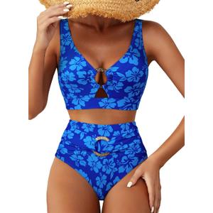 Herseas Swim Suits for Women 2026 Two Piece Modest Swimsuits Full Coverage Bestselling Bikini Set Hibiscus Floral Print Bathing Suit Color Block Large