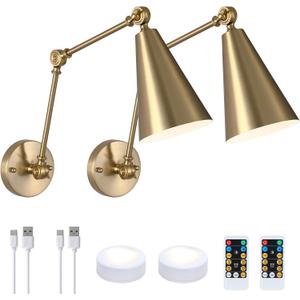 MWZ Gold Battery Operated Swing Arm Wall Sconces Set of 2,Wireless Rechargeable Dimmable 3 Color Wall Light with Remote,Cone Indoor Light Fixture for Bedside,Kitchen,Hallway,Living Room,Reading