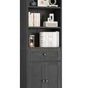 Casaottima Bookshelf and Bookcase with Doors and Drawer, Floor Standing 6-Tier Shelf Display Storage Shelves, Tall Bookcases for Home Office, Living Room, Black