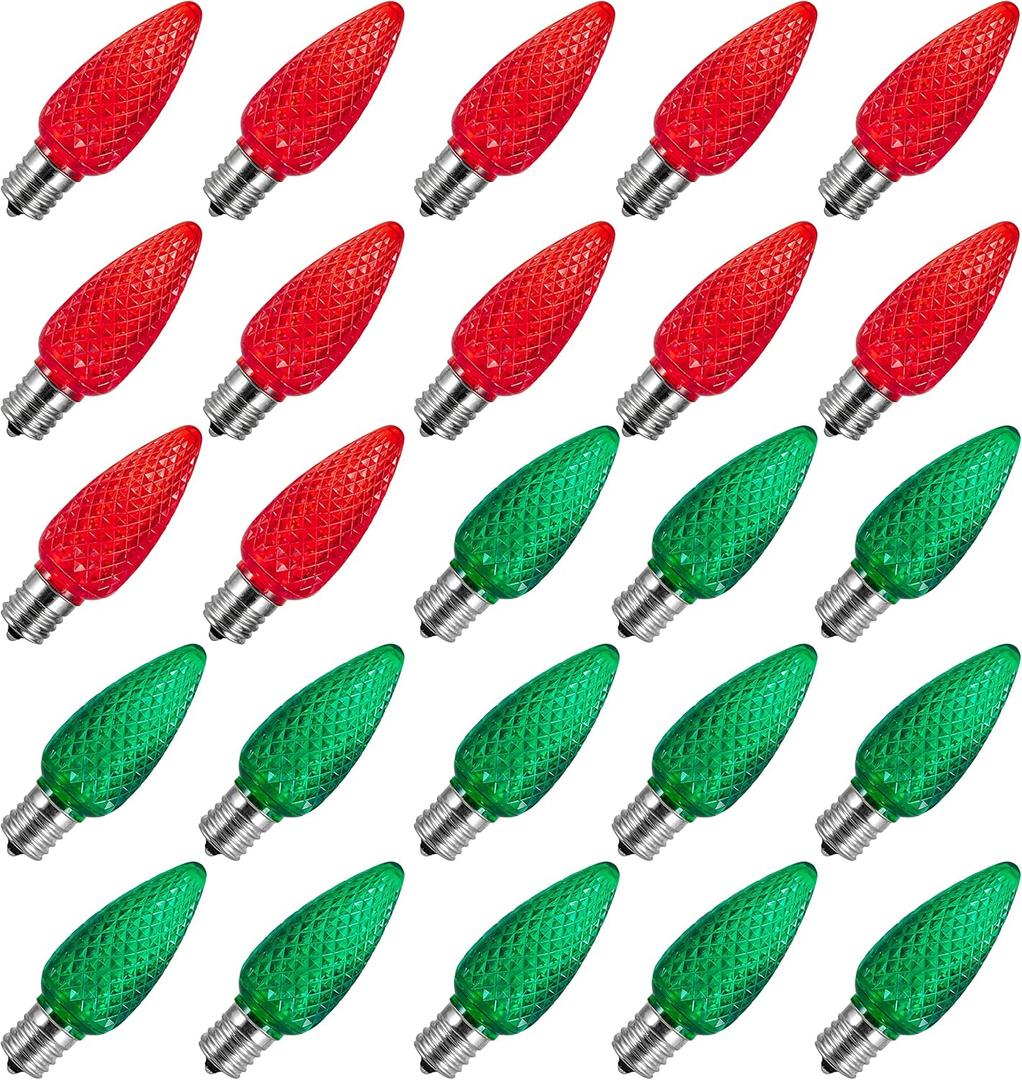 Replacement C9 LED Light Bulbs Shatterproof C9 Led Light Bulbs 1W Mini Bulb Intermediate E17 Base Decor Red Green Orange Light Bulb, String Lights Candle Indoor Outdoor (Red+Green, 25 Pack)