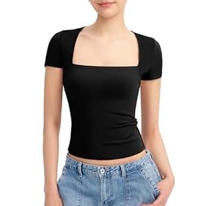PUMIEY Short Sleeve T Shirts for Women Square Neck Top Sexy Going Out Tops Slim Fit Tee Shirt, Jet Black, Large