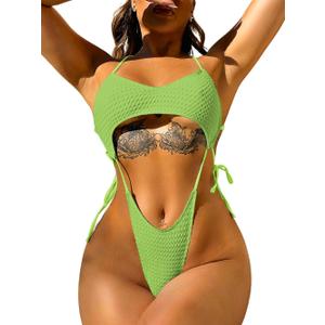 One Piece Swimsuit, Sexy High Cut Monokini, Rave Outfits, Tan Through Swimwear Slingshot Cutout Thong Tie Bikini (Small, Green)