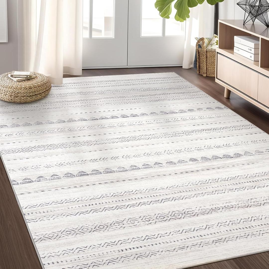 Nakagishi Area Rug Living Room Rugs: 4x6 Soft Machine Washable Boho Neutral Farmhouse Stain Resistant Moroccan Indoor Floor Carpet for Bedroom Nursery Kids Entryway Kitchen Entry Bedside Home- Gray