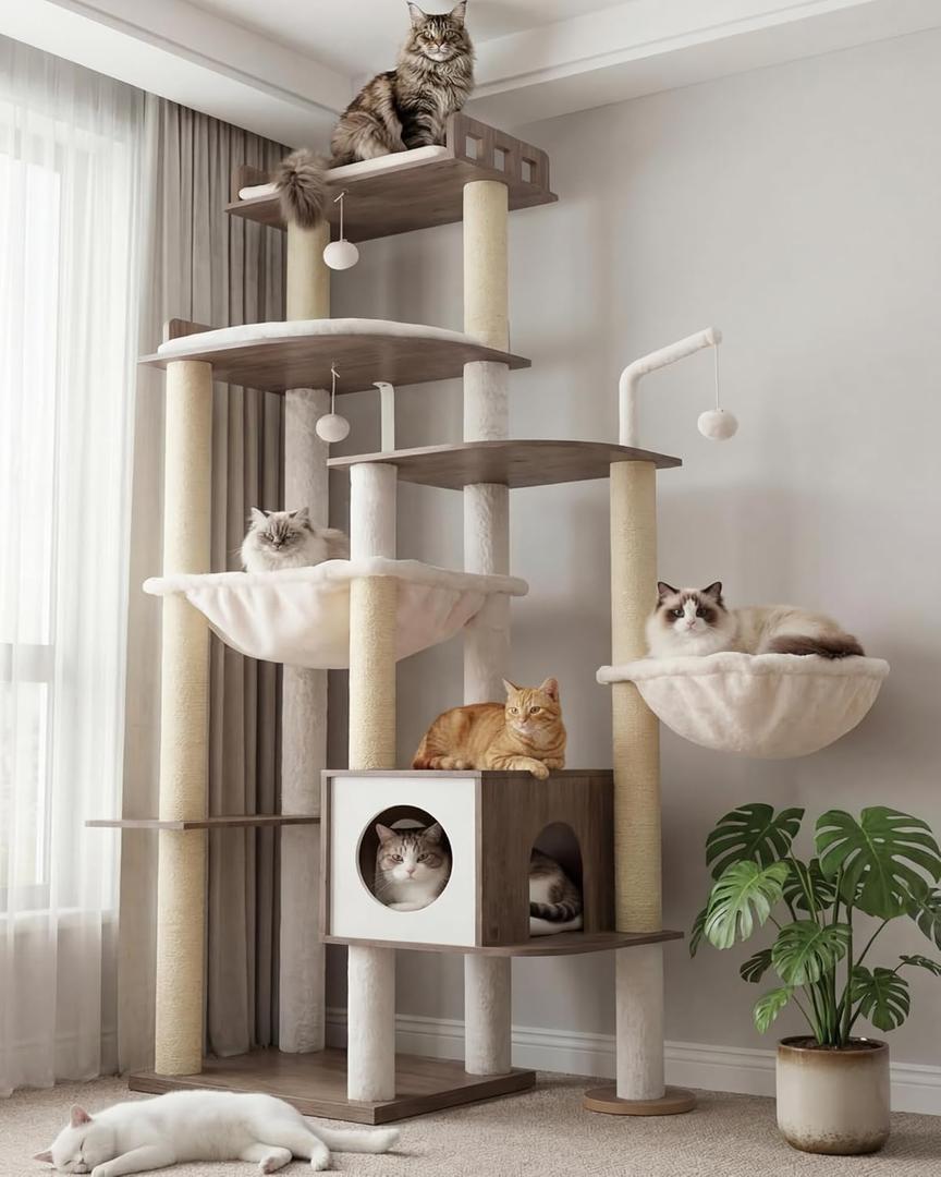 Heybly Cat Tree, 70.5 Inch Wood Tall Cat Tower for Large Indoor Cats with Extra Stable Structure, Modern Cat Furniture with All-Sisal Scratching Posts, Cat Condo & Hammocks, Greige HCT121SG