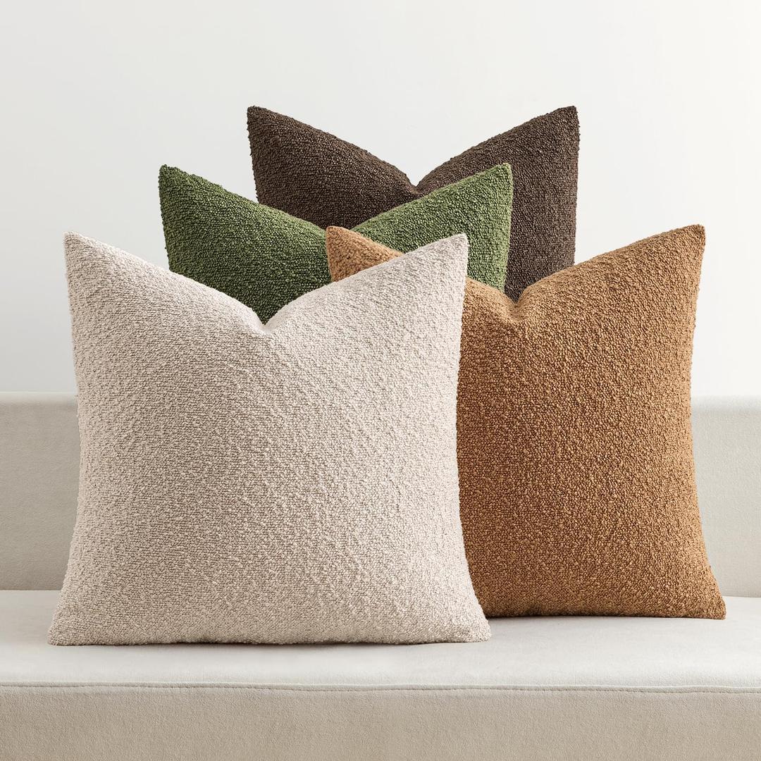 MIULEE Pack of 4 Decorative Textured Boucle Throw Pillow Covers 18x18 Inch Green Brown Accent Solid Pillow Cases Soft Couch Cushion Covers Modern Farmhouse Boho Chair Sofa Bed Livingroom Home Decor