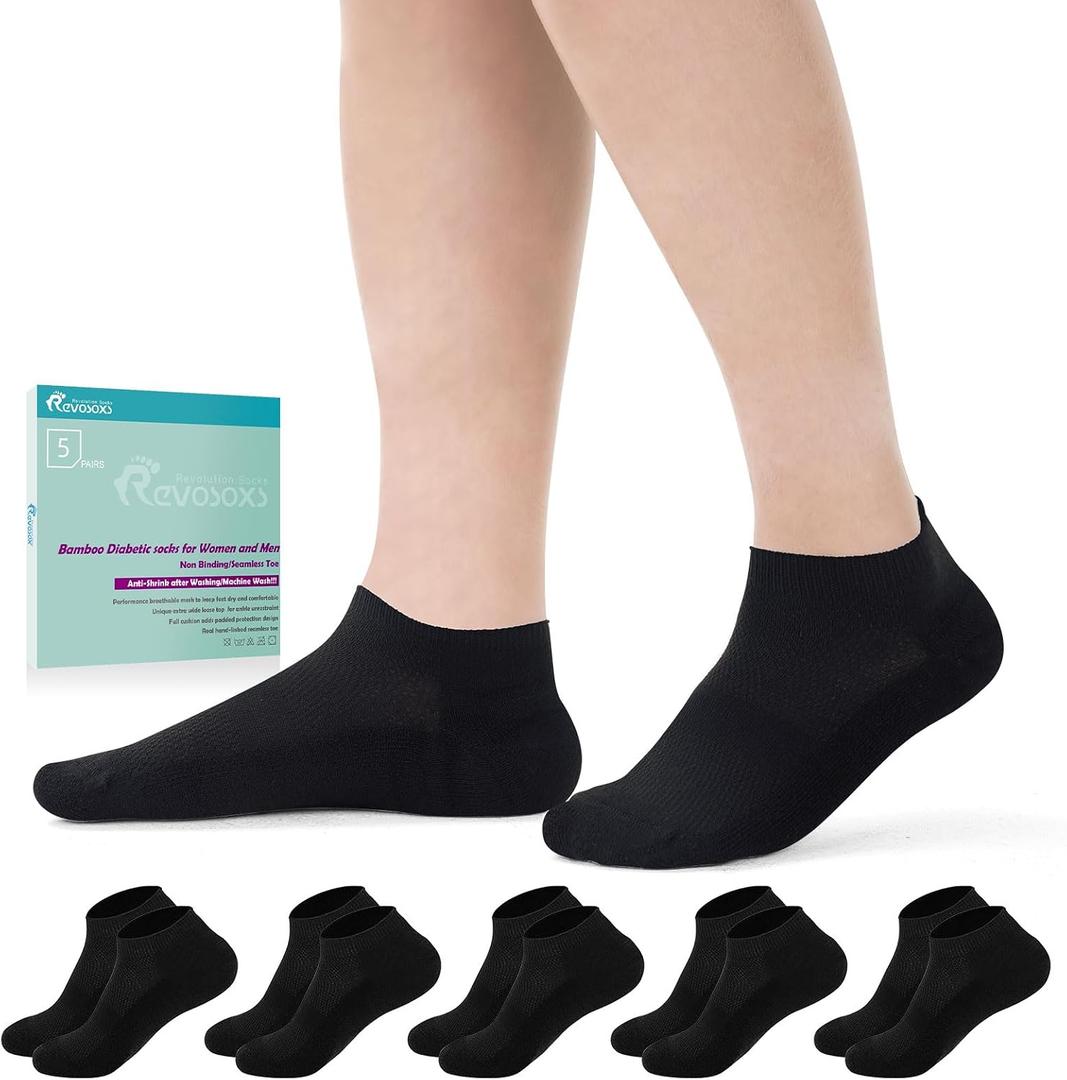Revosoxs Diabetic Bamboo Socks for Men and Women,5 Pairs Non-Binding Low Cut Diabetic Socks,Loose Socks Size 7-9 9-11 (Black, S)