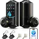 Veise VE028 Built-in Wi-Fi Smart Lock with Knob, Fingerprint Keyless Entry with Handle, App Remote & Voice Control, Electronic Digital Keypad for Front Door and Bedroom, IP65 Waterproof, Matte Black