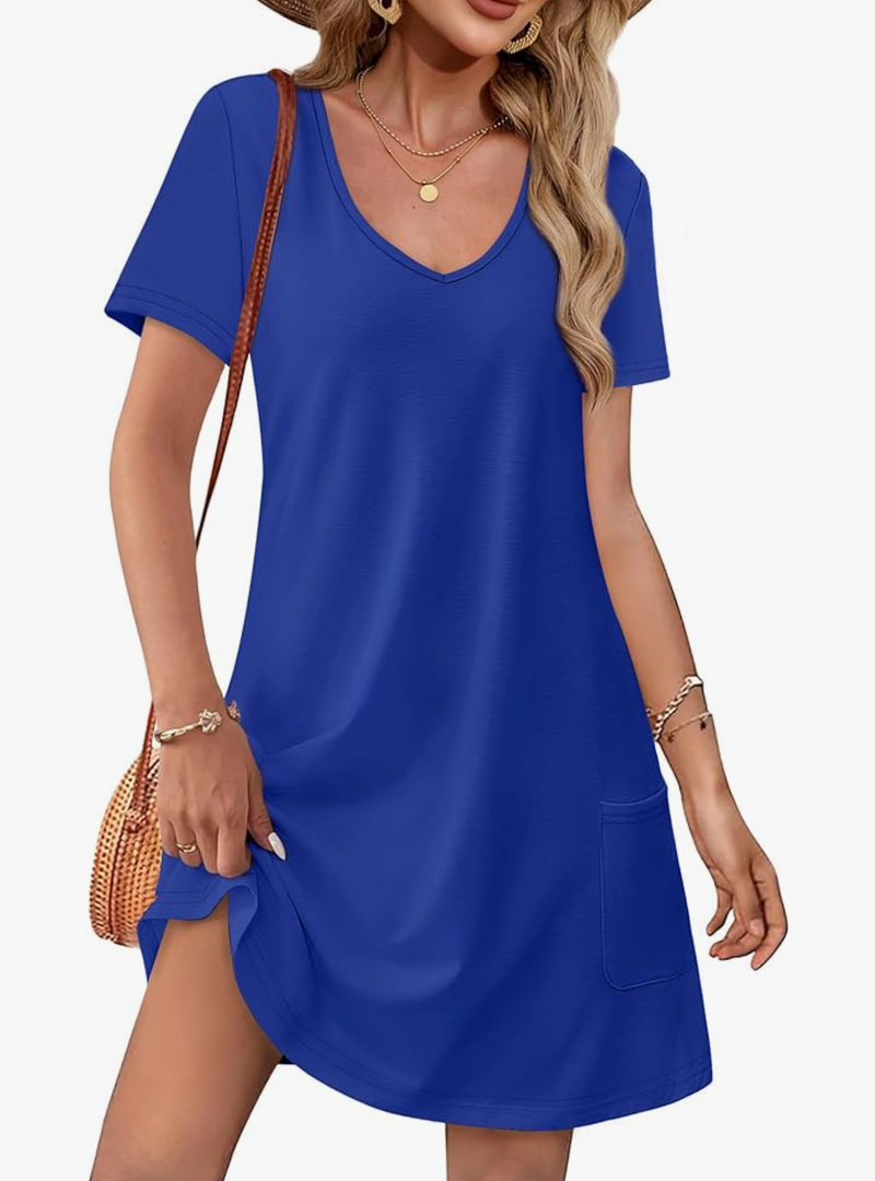 OFEEFAN Summer Dresses for Women 2025 Loose V Neck Short Sleeve Casual T Shirt Dress Sundresses Swimsuit Coverup with Pockets XL Bright Blue