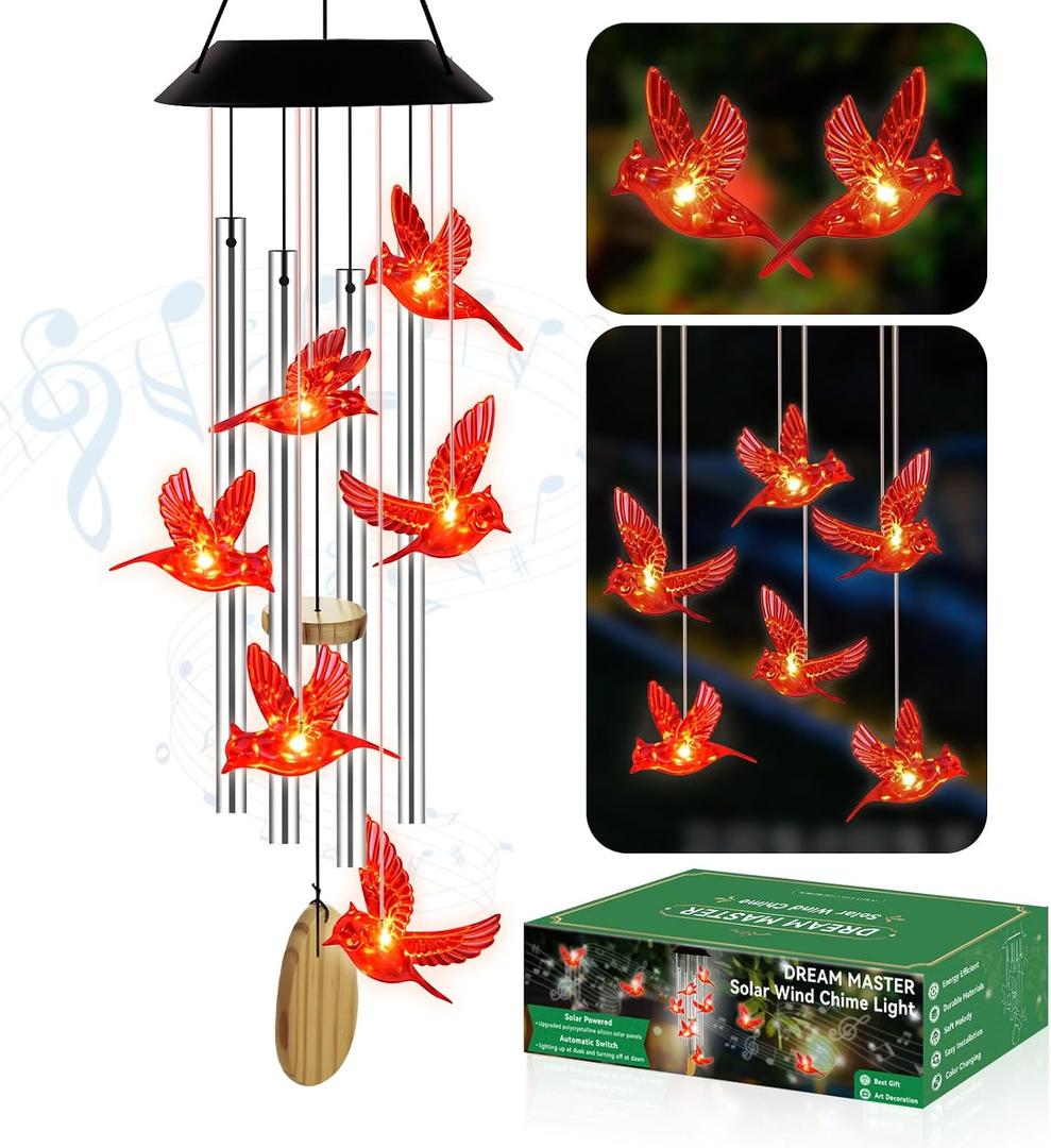 Wind Chimes for Outside, Solar Lights Outdoor Waterproof, Color Changing Cardinal Light for Yard, Outdoor, Patio, Garden Decor, Wind Mobiles Gardening Gifts for Women, Mom, Wife, Red Cardinal