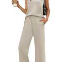 WIHOLL Two Piece Set for Women Summer Outfits Vacation Trendy Lounge Sets Round Neck Matching Sets Women Clothing Wide Leg Crop Pants Set Travel Airport Sweat Set Resort Wear Beige, Small