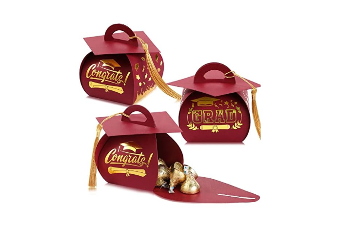 TaoBary 30 Pcs Graduation Cap Gift Boxes Graduation Decorations Class of 2025 Candy Box with Tassel for 2025 Grad Party Favors Supplies(Maroon, Gold)