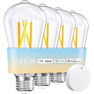 OREiN Smart Edison Light Bulbs with Smart Button, WiFi ST19(58) Vintage Light Bulbs E26 Base, 800lm Dimmable 2700K-6500K Tunable White, Smart Filament Bulb That Work with Alexa, 60W Equivalent, 4Pack