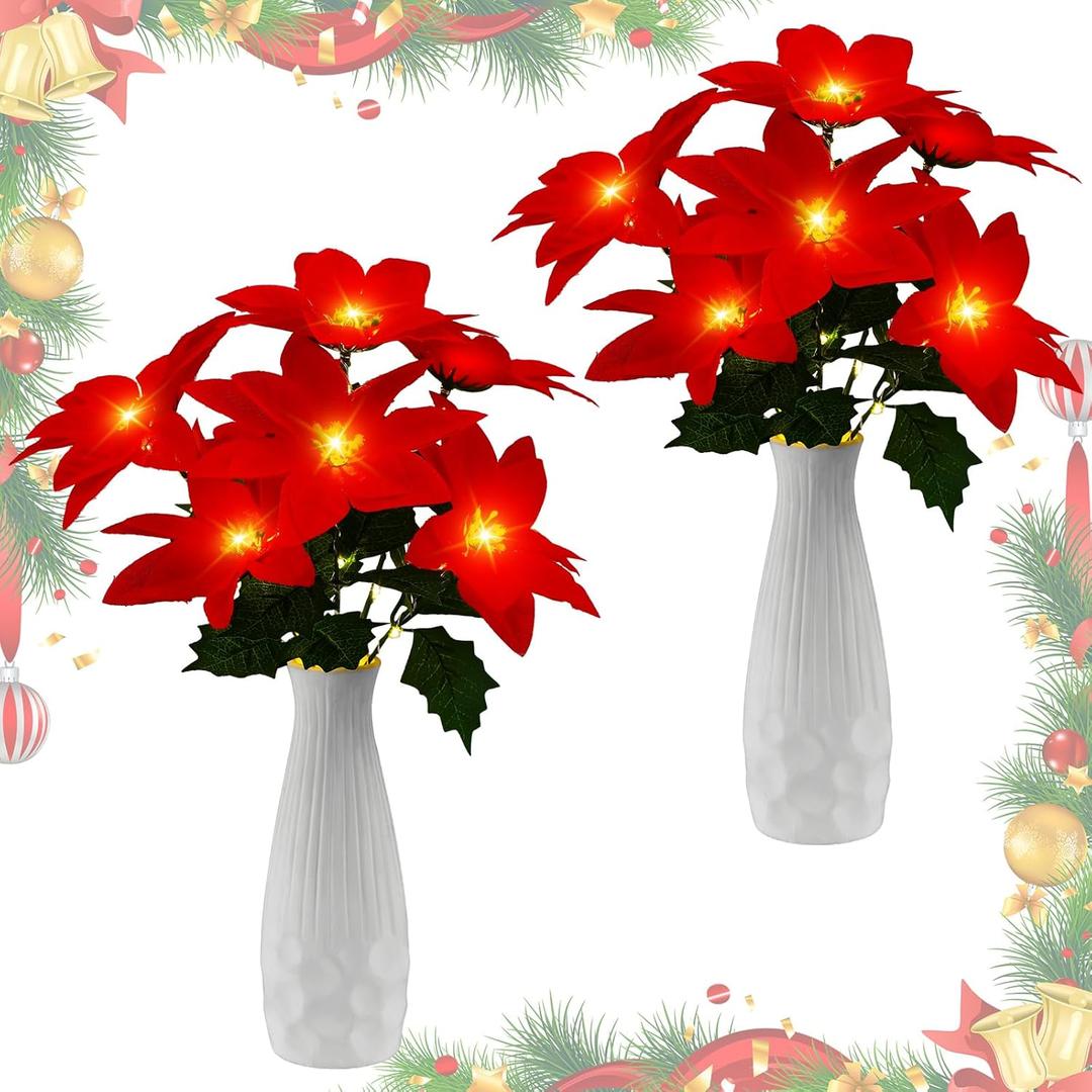 Giegxin 2 Pack Lighted Artificial Christmas Poinsettia Flowers 12 Inch Pre-lit Faux Red Silk 7 Heads Poinsettia Bushes Floral Bouquet Arrangement for Xmas Indoor Outdoor Holiday Decor Vase Filler