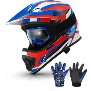 TCMT Youth Dirt Bike Helmet DOT Certified - Kids Full Face Motocross ATV Helmet with Goggles, Gloves and Helmet Bag for Off-Road, BMX, MX, Street Riding