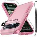 Google Pixel 10 Pro XL Case with Wrist Lanyard Strap+Tempered Glass Screen Protector+Camera Lens Cover,Full Body Heavy Duty Rugged Shockproof Protective Phone Cover,Cute Pink