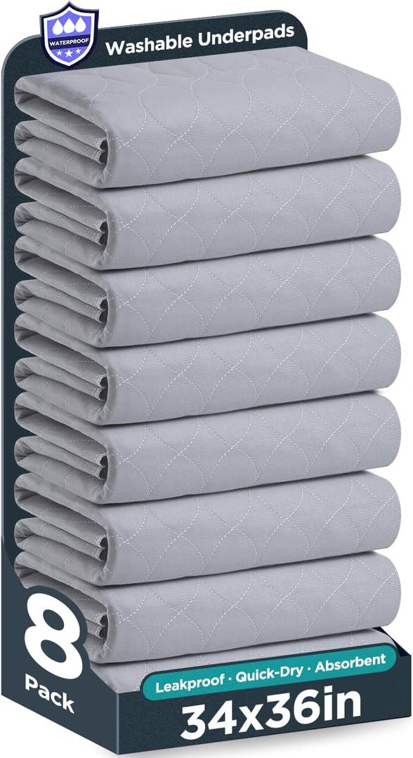 Washable Bed Pads 34" x 36" - 8 Pack, Grey, Waterproof Bed Pads for Incontinence, Bed Wetting Pads for Bed, Sofa, Floor, Resuable Underpads for Adults, Seniors, Pet (Gray)