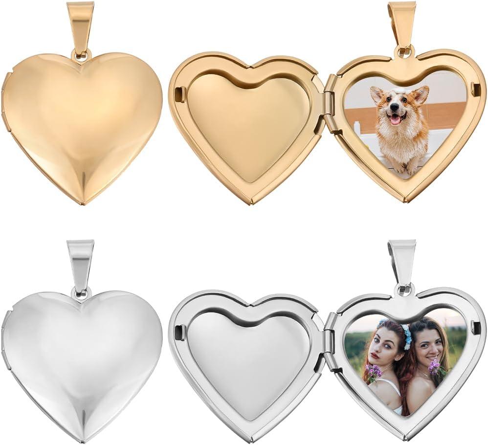 Beebeecraft 1 Box 4Pcs Heart Photo Frame Charms 316 Stainless Steel Smooth Heart Love Locket Charms with Pinch Bails for Jewelry Making DIY (Gold, Silver)