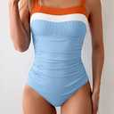 Aidonger Women's Ribbed One Piece Swimsuits Color Block Tummy Control Bathing Suit Slimming 1 Piece Swimwear, Small, Brown-white-sky Blue, Small