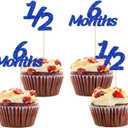 24 Pieces Blue Glitter 6 Months Cupcake Topper, for Celebrating 1/2 Birthday Baby Shower Half Year Birthday Party Decorations Supplies