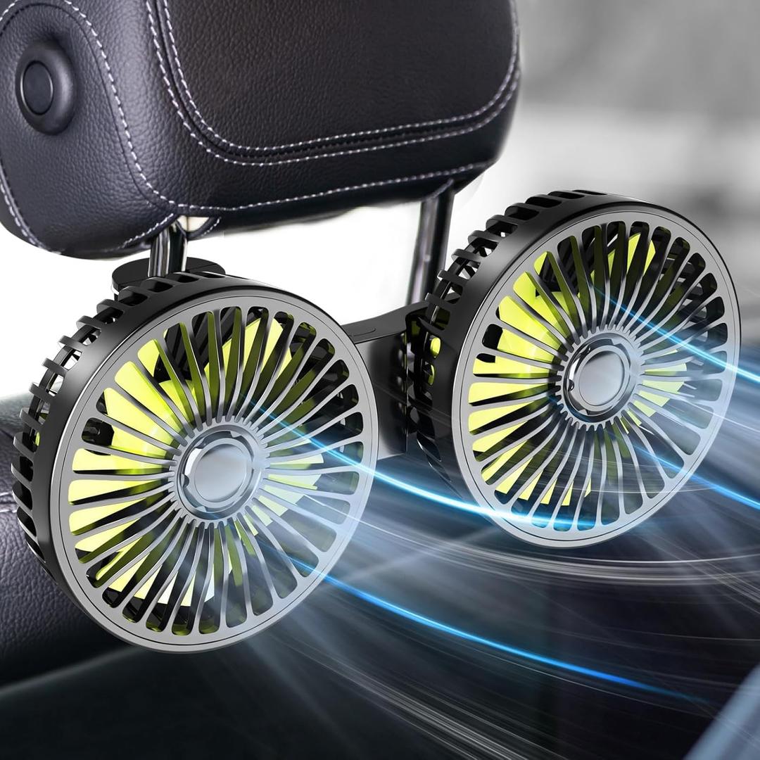 Dealswin Car Fan for Backseat kids, Dual Head USB Car Seat Fans, 360 Rotatable Strong Wind Rear Headrest CarFan for Baby, Air Circulation Fan with Adjustable Clip for Vehicles SUV RV