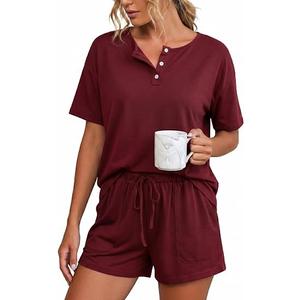 Girece Womens Pajama Sets Soft Lounge Sets Crew Neck Wine Red Pajamas Comfy Lightweight Casual Stretchy Elastic Waist with Drawstring(Wine Red,L)