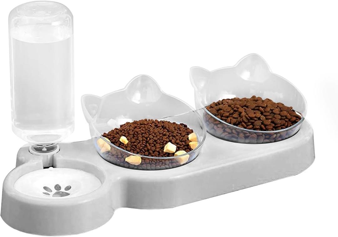 Marchul Raised Three Cat Dishes for Food and Water, Pet Feeding Bowls with Automatic Water Bottle