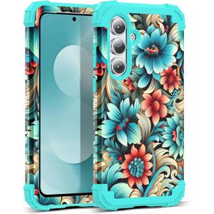 Compatible with Galaxy S25 FE Case,3 in 1 Oil Painting Flower Pattern Heavy Duty Shockproof Protection Silicone Rubber Bumper+Hard PC Protective Cover for Samsung S25 FE 6.7",Blue Flower