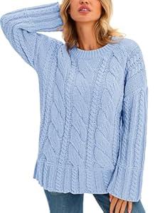 Saodimallsu Womens Chunky Cable Knit Sweaters Long Sleeve Crew Neck Fall Casual Loose Warm Pullover Tops Light Blue, Size S