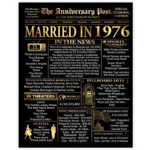 Stuff4 Gold 50th Anniversary Poster Unframed - Golden Married In 1976 Newspaper - 50 Wedding Anniversary for Men Women Vintage Gifts Back In 1976, 8x10 Inch Anniversaries Posters