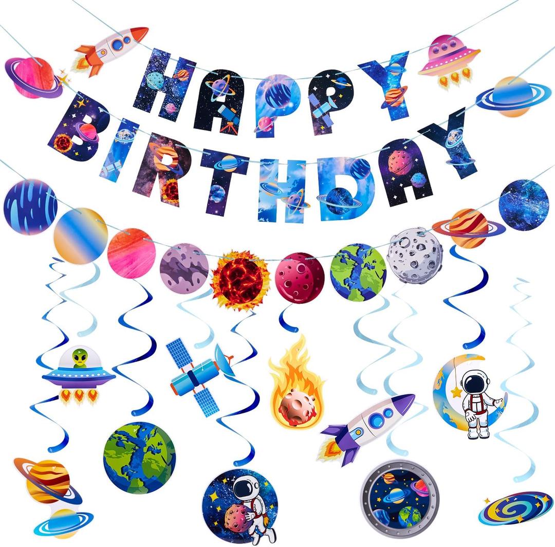 SUNBEAUTY Solar System Birthday Party Decorations Outer Space Happy Birthday Banner Planet Rocket Astronaut Hanging Swirls for Kids Boy Baby Shower First Trip Around The Sun School Supplies (Exploring the Universe)