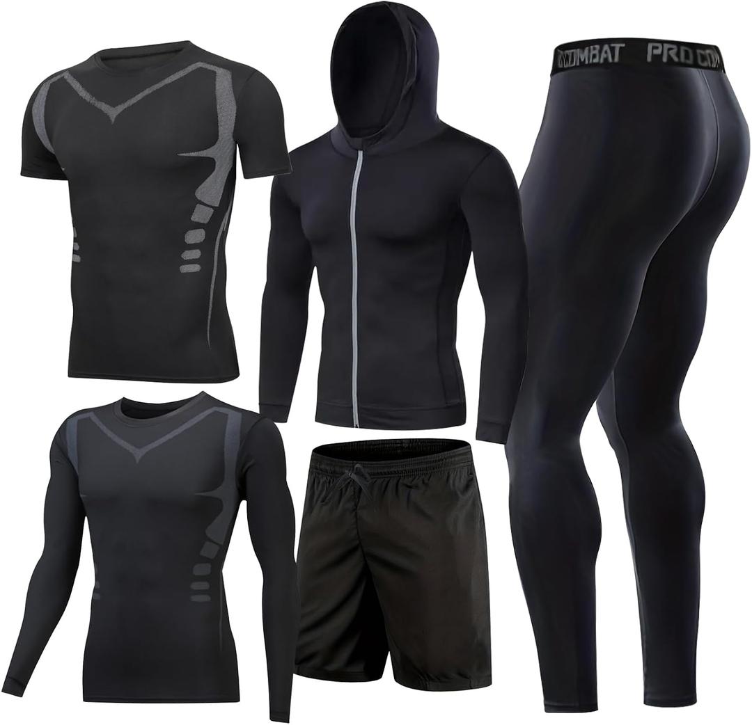 BOOMCOOL 5PCS Gym Clothes for Men Workout Sets (Black, XL)