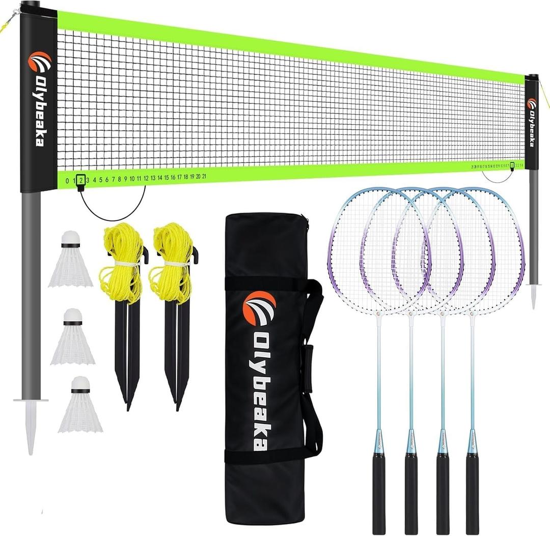Outdoor Baminton Net Set for Backyard, Beach, Family Games with 20 * 3ft Anti-sag Net, 4 Aluminum Badminton Rackets, 3 Shuttlecocks, Carring Bag - Easy Set Up & Portable