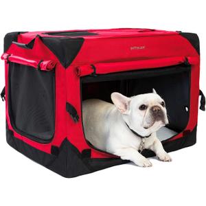 Pettycare 26 Inch Collapsible Dog Crate with Curtains Travel Dog Crate for Airflow and Calm Soft Pet Kennel with Portable Bag and More Chew Proof Mesh Indoor & Outdoor Red 4 Door Curtains (S: 26''Lx18''Wx18''H)