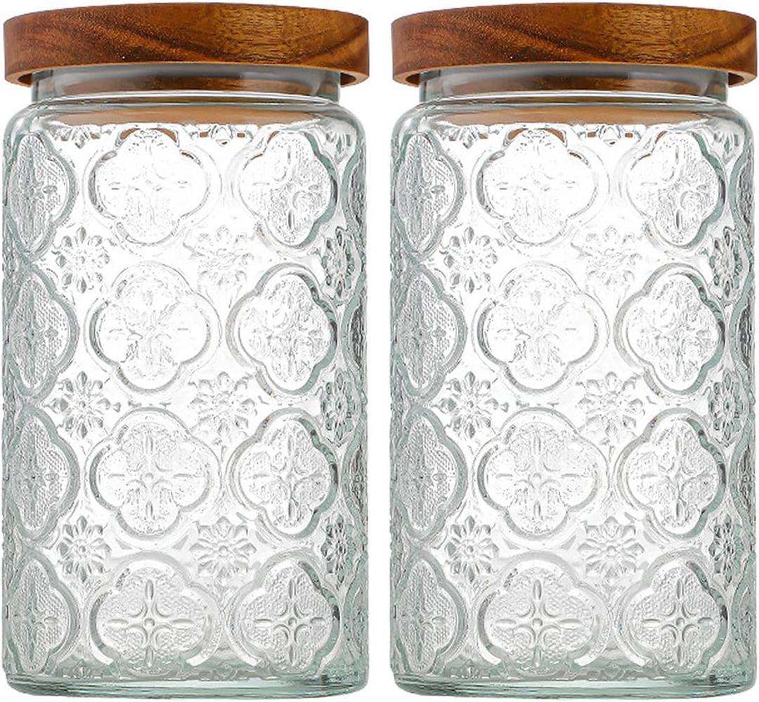 35oz/1000ml Glass Storage Jars with Nature Wood Lids, Airtight Food Storage Containers for Kitchen Organization, Large Capacity for Cookie, Pasta, Sugar, Flour, Cereal - Set of 2 (pattern)
