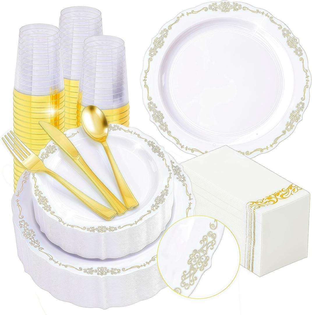 Fijinhom 350 PCS White and Gold Disposable Plates, Elegant Dinnerware Set for 50 Guests, 100 Plastic Plates, 150 Silverware, 50 Cups & 50 Paper Napkins, White and Gold