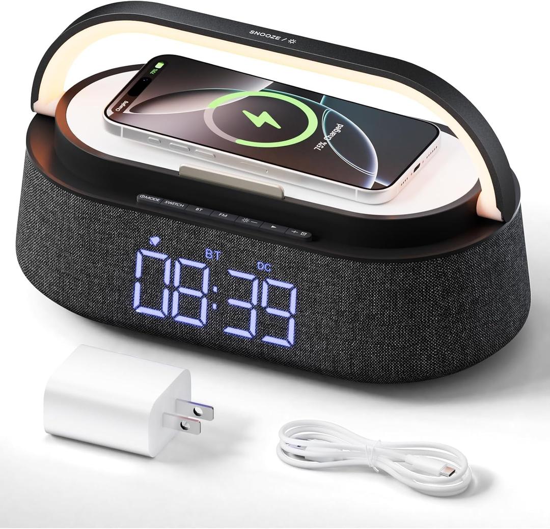 FREEFISH Bluetooth Speaker with Wireless Charger, FM Radio, Adjustable LED Night Light, Dual Wireless Speakers, Suitable for Decoration, Bedroom, Home, Office, Gift, Black