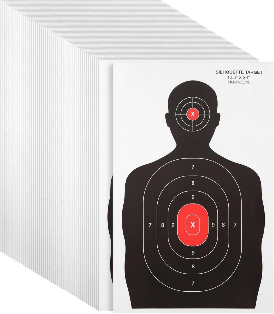 Juvale 50 Pack Paper Shooting Targets for Range, Bulk for Hunting, Silhouette with Red Bullseye (14x22 in) - Targets for Shooting Range