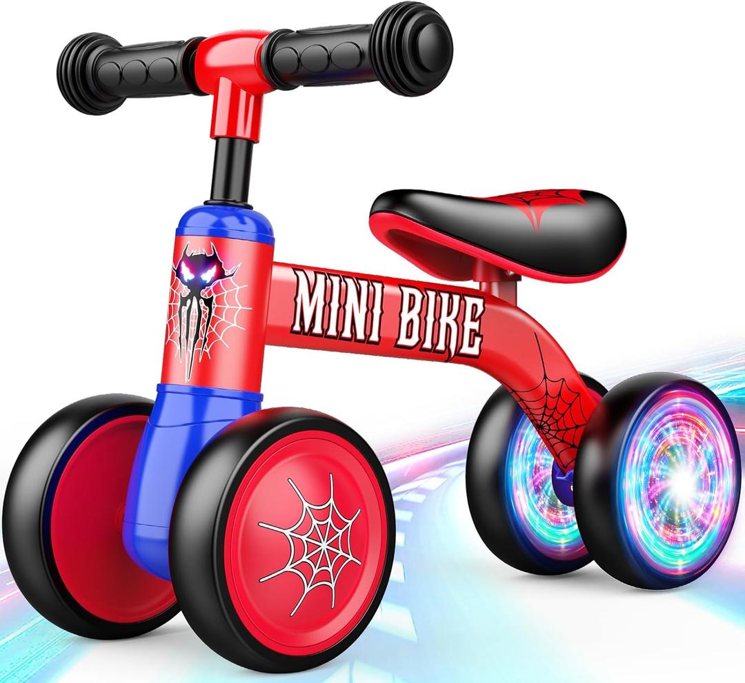 Baby Balance Bike 1 2 Year Old: Spider Baby Bike for 10-24 Month with Light & 4 Wheels Babies Boy Gifts Toddler First Riding on Toys First Christmas Birthday Gift for 1+ Year Old Boy & Girl (Blue Red)