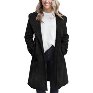 Fazortev Women's Winter Pea Coat Big Lapel Open Front Long Jackets Belted With Pockets (Black) XL
