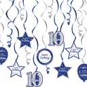 Happy 10th Birthday Blue & Silver Glitter Swirls Streamers Party Decorations - 15 Pcs 10th Birthday Hanging Swirls Streamers Kit,Cheers to Ten Years Old Bday Party Sign.