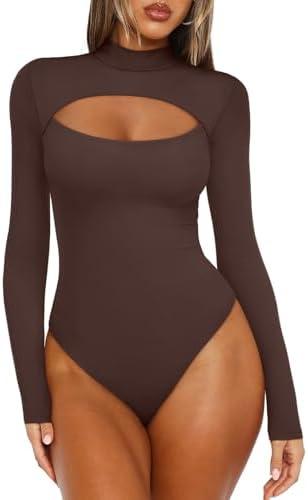 REORIA Women's Mock Neck Cutout Front Bodysuit Trendy Going Out Long Sleeve Body Suits Tops Fall Outfits 2025 S