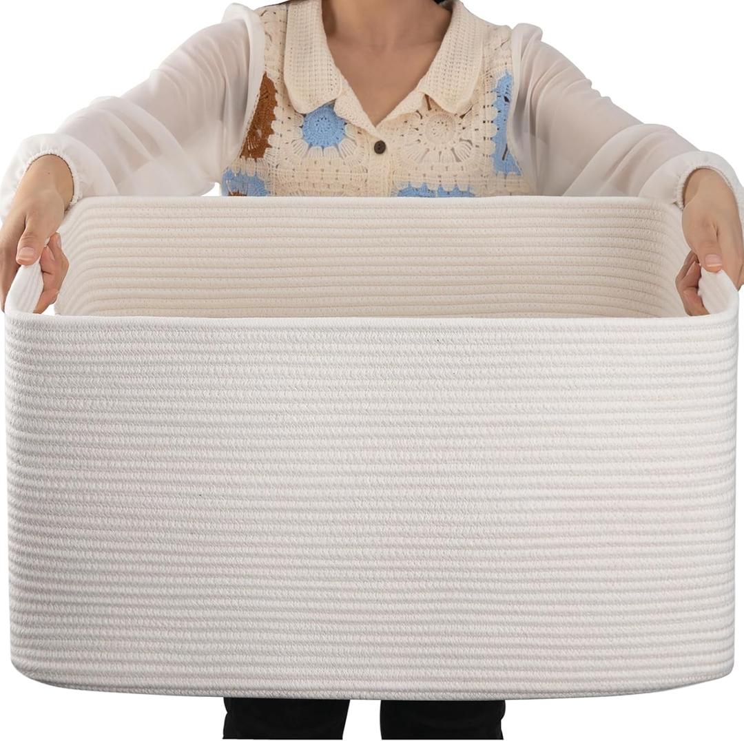 OIAHOMY 75L Large Blanket Basket, Woven Cotton Rope Baskets for Organizing, 22x17x12, Blanket Basket living Room, Bedroom, Nursery, Dog Toy Storage Bins, White