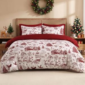 CAROMIO Christmas Duvet Cover Queen Size - Christmas Holiday Printed Duvet Cover Set, Soft and Breathable Xmas Decorations Bedding Set (Queen, 90"x90") (Red)