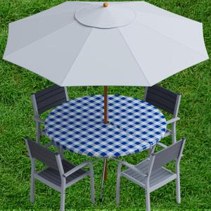 Sorfey Vinyl Umbrella Round Fitted Tablecloth Cover, Checkered Design, Flannel Backed Lining 30 Inch, Blue