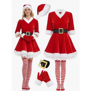 SOMSOC 5 Pack Women Mrs Claus Christmas Costume Set Velvet Dress with Belt Striped Over Knee High Socks Santa Hat Gloves, Size L