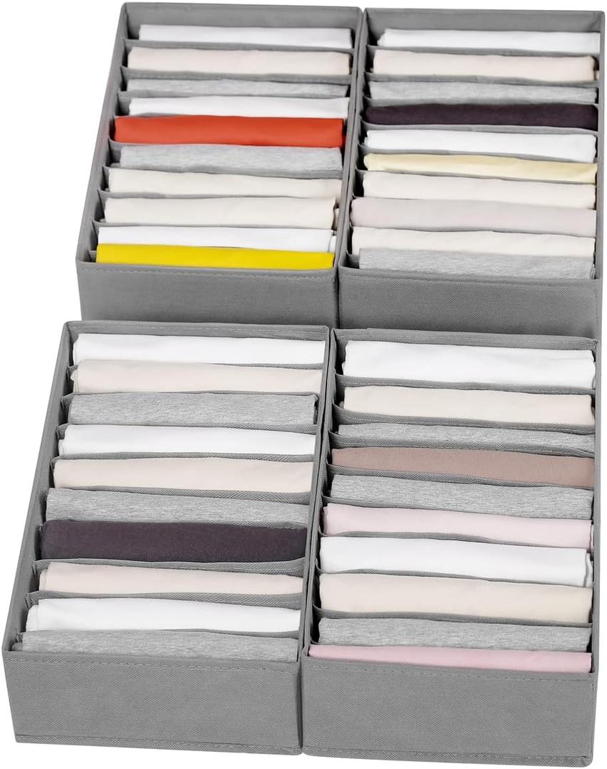 4 Packs T-shirt Drawer Organizers for Clothing,10 Grids Compartment Wardrobe Storage Box, Washable Clothes Organizer for Folded Clothes, T-shirt, Legging, Silk Scarve , Grey 