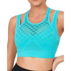 RUNNING GIRL Sports Bras for Women High Support,Seamless Ribbed Longline High Neck Sports Bra Racerback Padded Crop Top Yoga (Green, L)